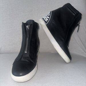 DKNY WOMENS Connie Black Leather Zip Up Slip On Wedge Size 10 EUC